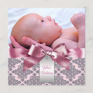 Roze Damast Baby Meisje Foto Doopfeest Kaart
