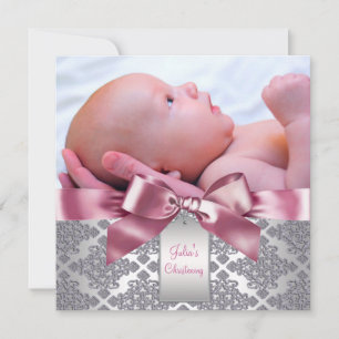 Roze Damast Baby Meisje Foto Doopfeest Kaart