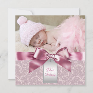 Roze Damast Baby Meisje Foto Doopfeest Kaart