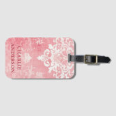 Roze  damast bloem aangepaste naam bagagelabel (Voorkant (horizontaal))