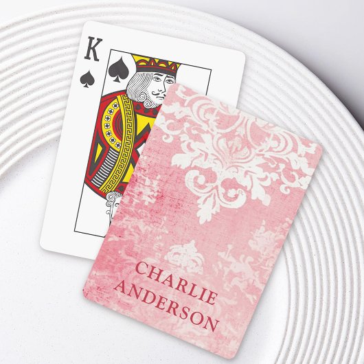 Roze damast bloem aangepaste naam pokerkaarten