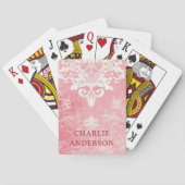Roze damast bloem aangepaste naam pokerkaarten (Achterkant)