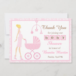 Roze Damast Blondine Babyshower Bedankkaart