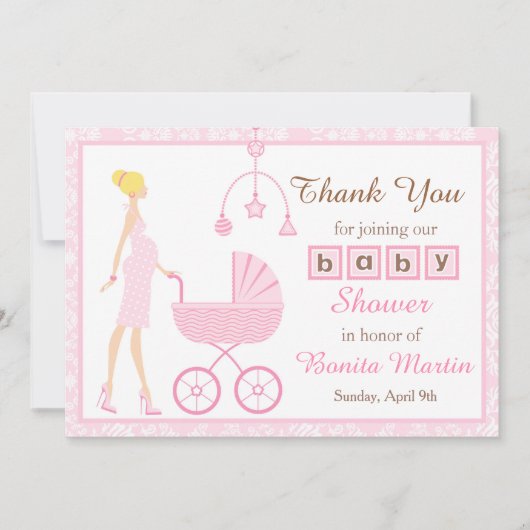 Roze Damast Blondine Babyshower Bedankkaart (Voorkant)