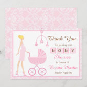 Roze Damast Blondine Babyshower Bedankkaart (Voorkant / Achterkant)