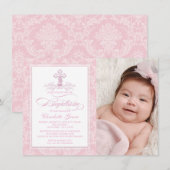 Roze Damast Cross Meisjes Foto Dop Uitnodigingen (Voorkant / Achterkant)
