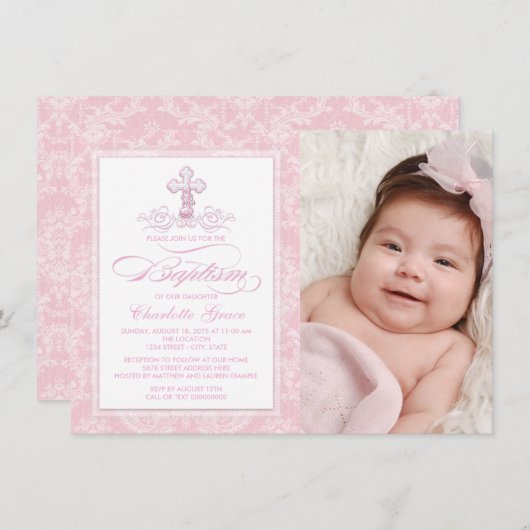 Roze Damast Cross Meisjes Foto Dop Uitnodigingen (Voorkant / Achterkant)