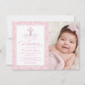 Roze Damast Cross Meisjes Foto Dop Uitnodigingen (Voorkant)