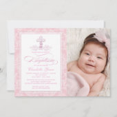 Roze Damast Cross Meisjes Foto Dop Uitnodigingen (Voorkant)