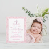 Roze Damast Cross Meisjes Foto Dop Uitnodigingen (Staand voorkant)