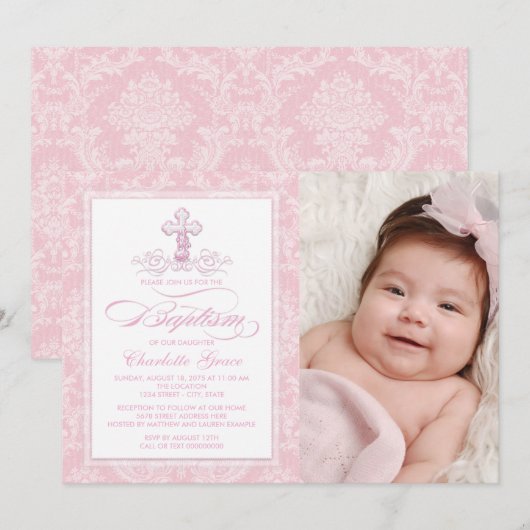 Roze Damast Cross Meisjes Foto Dop Uitnodigingen (Voorkant / Achterkant)