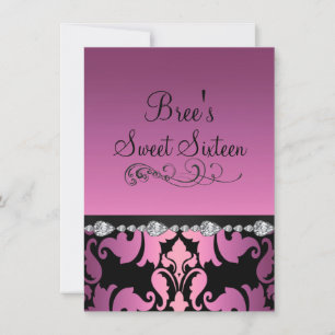 Roze Damast & Diamant Afbeelding Sweet 16 Uitnodig Kaart