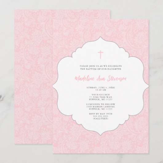 Roze damast doop uitnodiging (Voorkant / Achterkant)