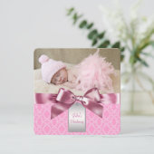 Roze Damast Doopfeest Kaart (Staand voorkant)