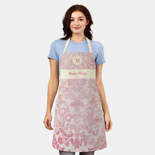 Roze Damast Elegant Custom Monogram Gift Schort (Gedragen)