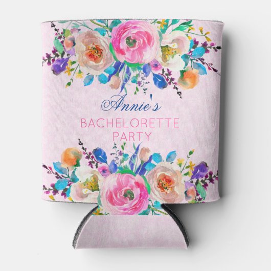 Roze Damast en kleurrijk boeket- Bachelorette Blikjeskoeler (Voorkant)