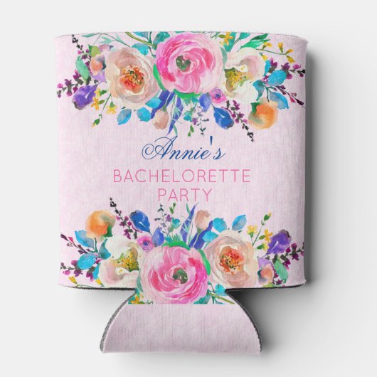 Roze Damast en kleurrijk boeket- Bachelorette Blikjeskoeler (Achterkant)