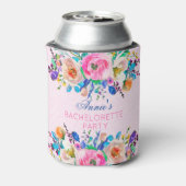 Roze Damast en kleurrijk boeket- Bachelorette Blikjeskoeler (Blikje Achterkant)