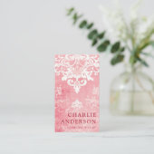 Roze damast floral logo QR code Visitekaartje (Staand voorkant)