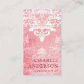 Roze damast floral logo QR code Visitekaartje (Voorkant)