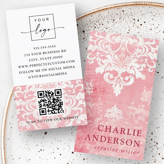 Roze damast floral logo QR code Visitekaartje