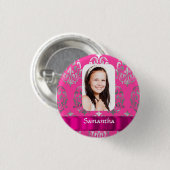 Roze damast gepersonaliseerde foto sjabloon ronde button 3,2 cm (Voorkant /achterkant)