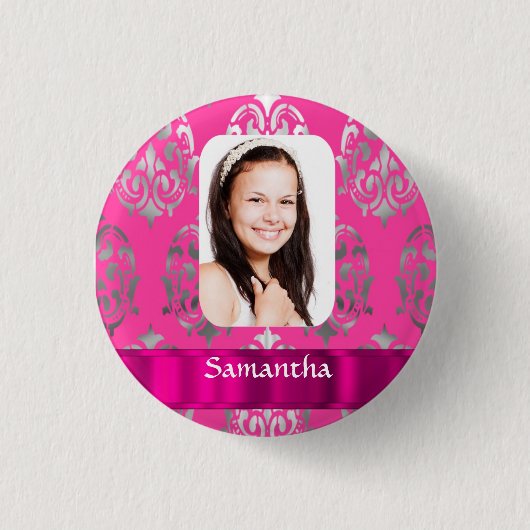 Roze damast gepersonaliseerde foto sjabloon ronde button 3,2 cm (Voorkant)