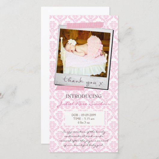 Roze damast geruit bedankt kaartje (Voorkant / Achterkant)