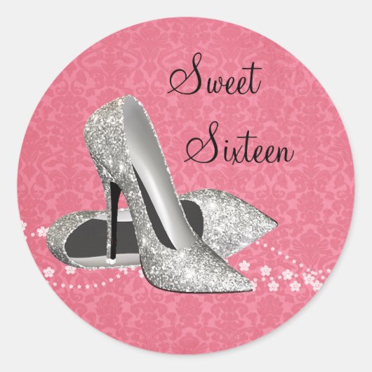Roze Damast Glitter Hoge Hak Schoenen Stickers (Voorkant)