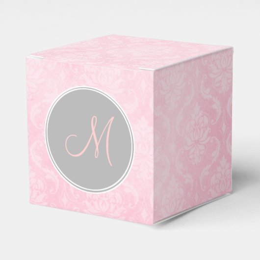 Roze Damast Grijs Monogram Favor Box Bedankdoosjes (Voorkant Zijde)