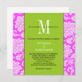 Roze Damast Groene Monogram Bruiloft Uitnodiging (Voorkant / Achterkant)