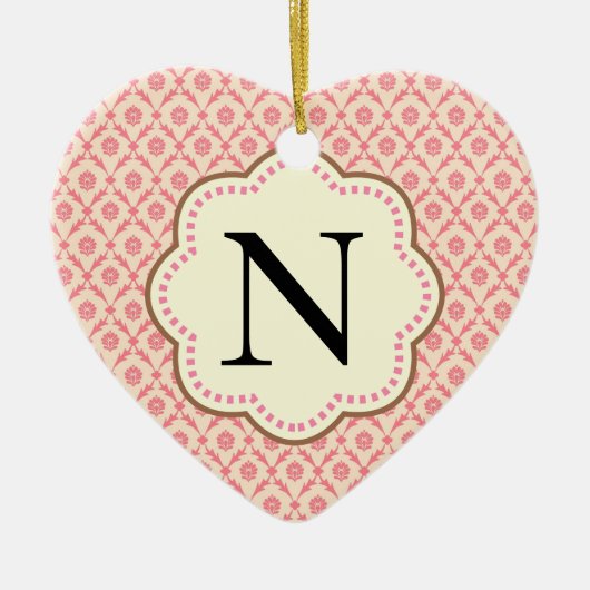 Roze Damast Hart Keramisch Ornament (Voorkant)