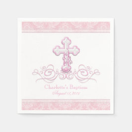 Roze Damast Kruis Meisjes Doop Communie Servetten