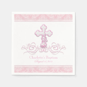 Roze Damast Kruis Meisjes Doop Communie Servetten