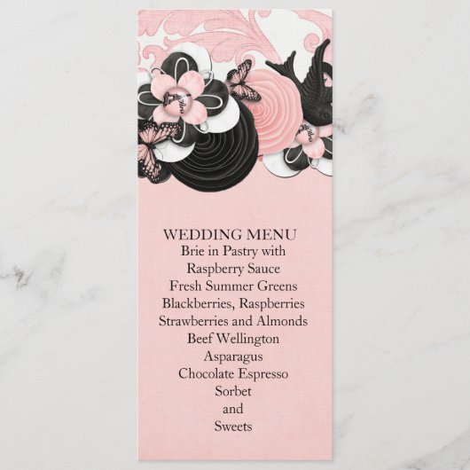 Roze Damast Liefde Vogel Bruiloft Menu (Voorkant)