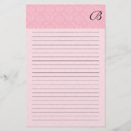 Roze damast met zwart monogram en lijnen briefpapier