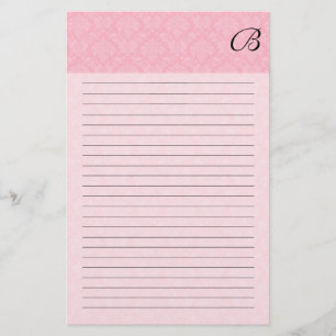 Roze damast met zwart monogram en lijnen briefpapier