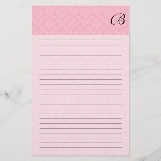 Roze damast met zwart monogram en lijnen briefpapier (Voorkant)