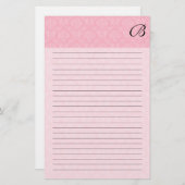 Roze damast met zwart monogram en lijnen briefpapier (Voorkant / Achterkant)