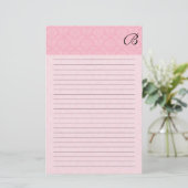 Roze damast met zwart monogram en lijnen briefpapier (Staand voorkant)