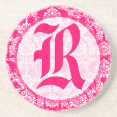 Roze Damast Monogram Bruiloft Jubileum Onderzetter (Voorkant)