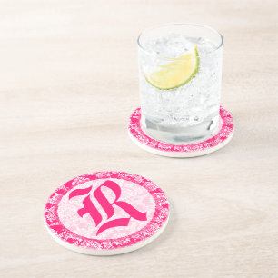 Roze Damast Monogram Bruiloft Jubileum Onderzetter