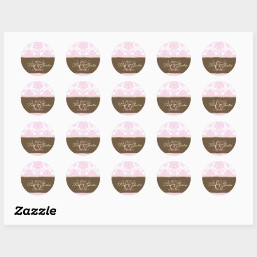 Roze Damast monogram bruiloft stickers (Vel)