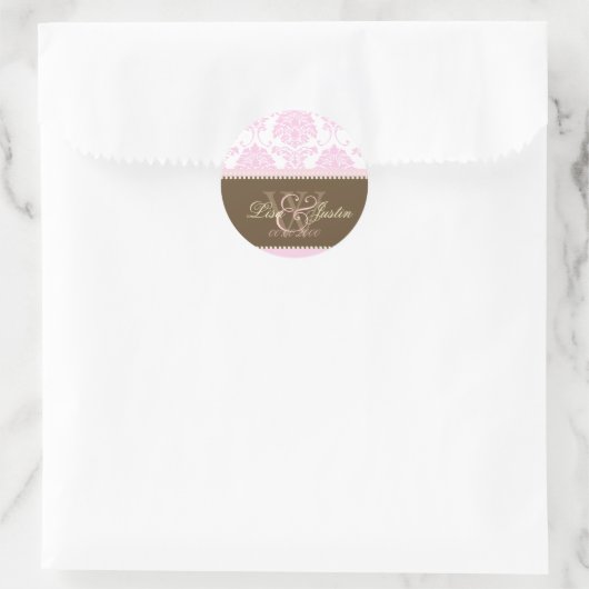 Roze Damast monogram bruiloft stickers (Tas)