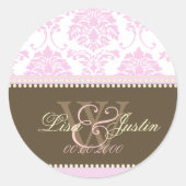 Roze Damast monogram bruiloft stickers (Voorkant)