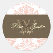 Roze Damast monogram bruiloft stickers (Voorkant)