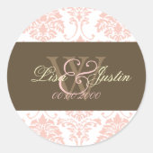 Roze Damast monogram bruiloft stickers (Voorkant)