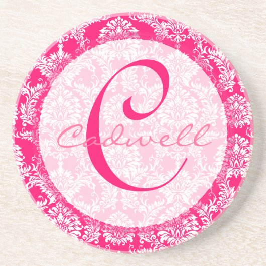 Roze Damast Monogram Bruiloft Trouwdag Onderzetter (Voorkant)