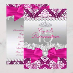 Roze Damast & Parel Boog Quinceanera Uitnodiging