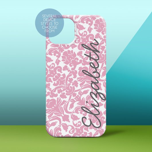 Roze Damast Patroon met Grijze Naam Case-Mate iPhone Case